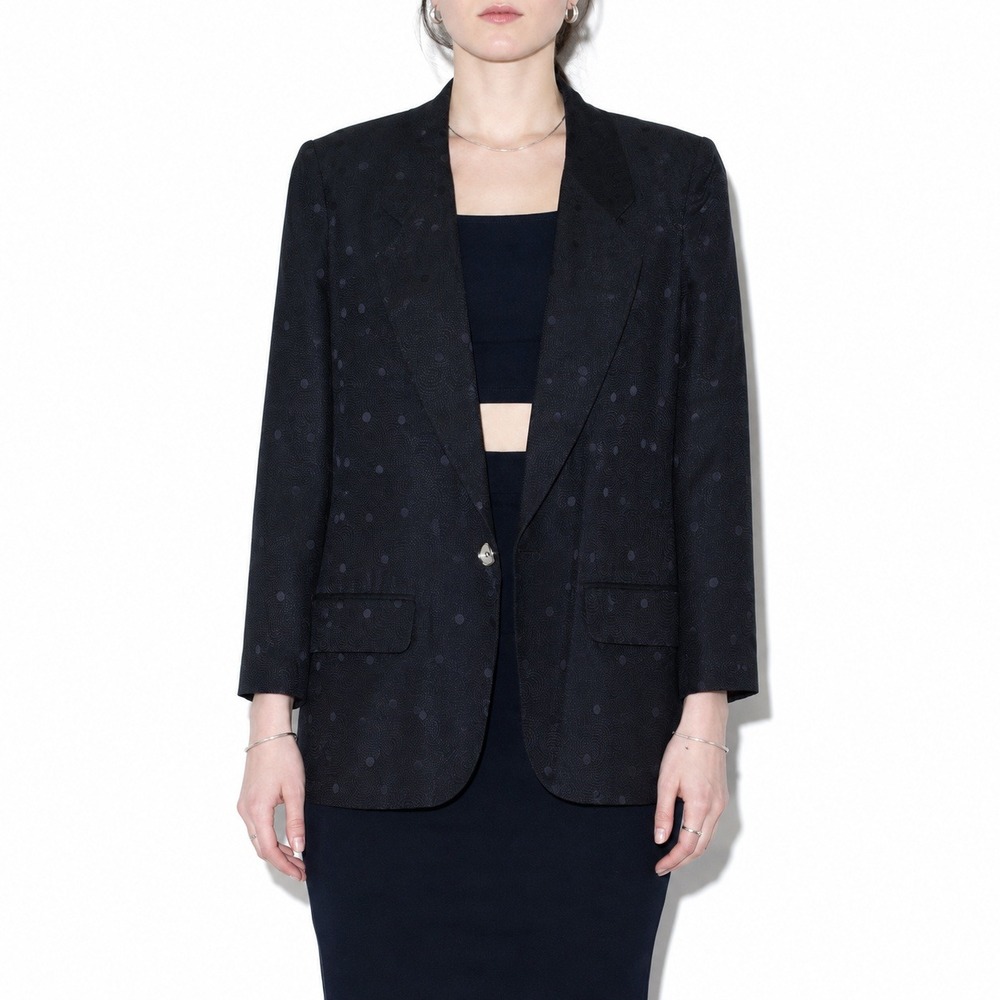 80s Vintage Anne Klein Silk Jacquard Blazer Women 6 Dark Blue Polka Dot Longline
